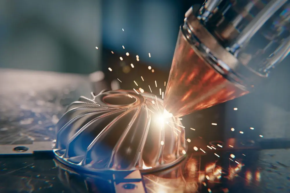 3D printer creating metal object with sparks.